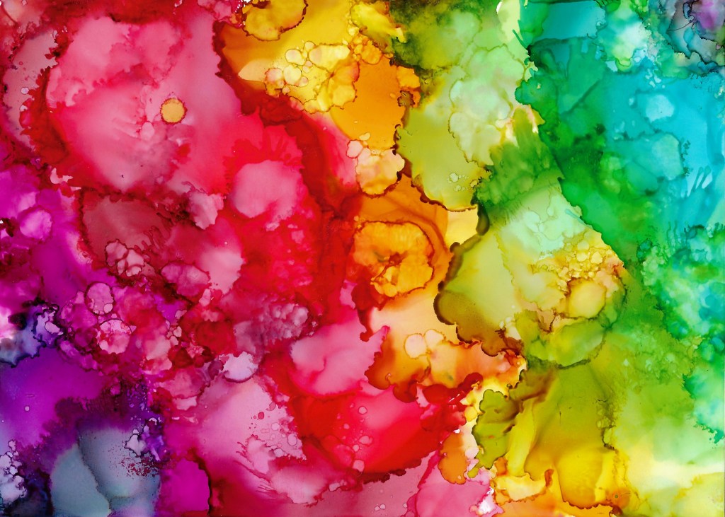 "Rainbow I" by Mel Eatherington -- a painting of rainbow colors in abstract swaths from purple through blue.